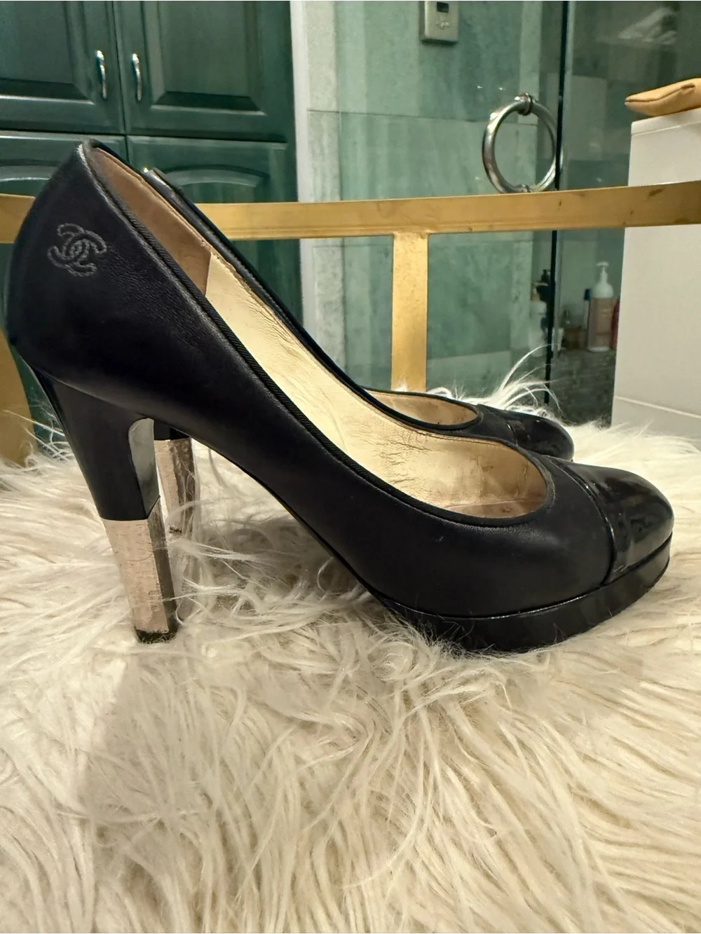 CHANEL Black Leather and Patent Cap-Toe High Heel Pumps